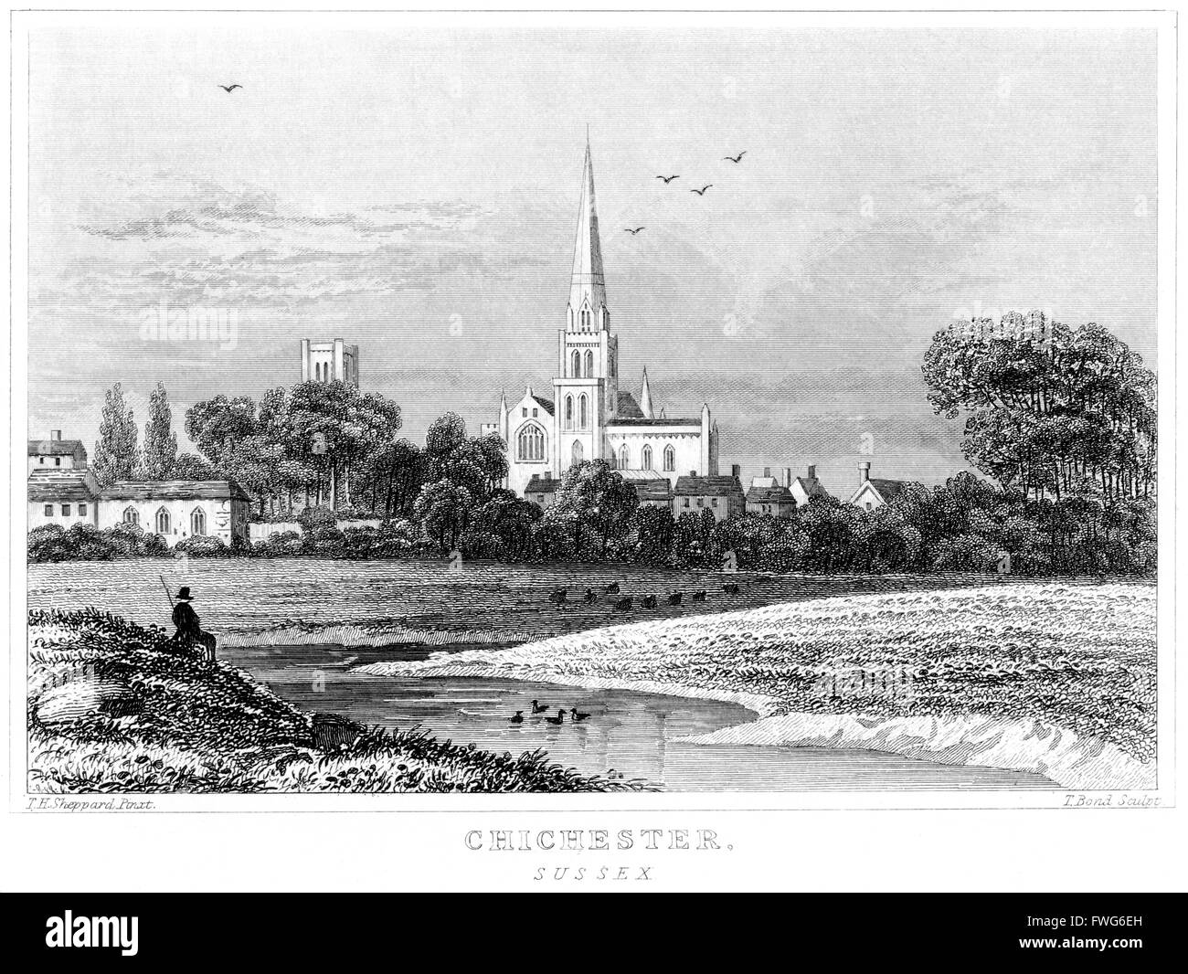 Una incisione di Chichester, Sussex scansionati ad alta risoluzione da un libro stampato intorno al 1845. Ritiene copyright free. Foto Stock