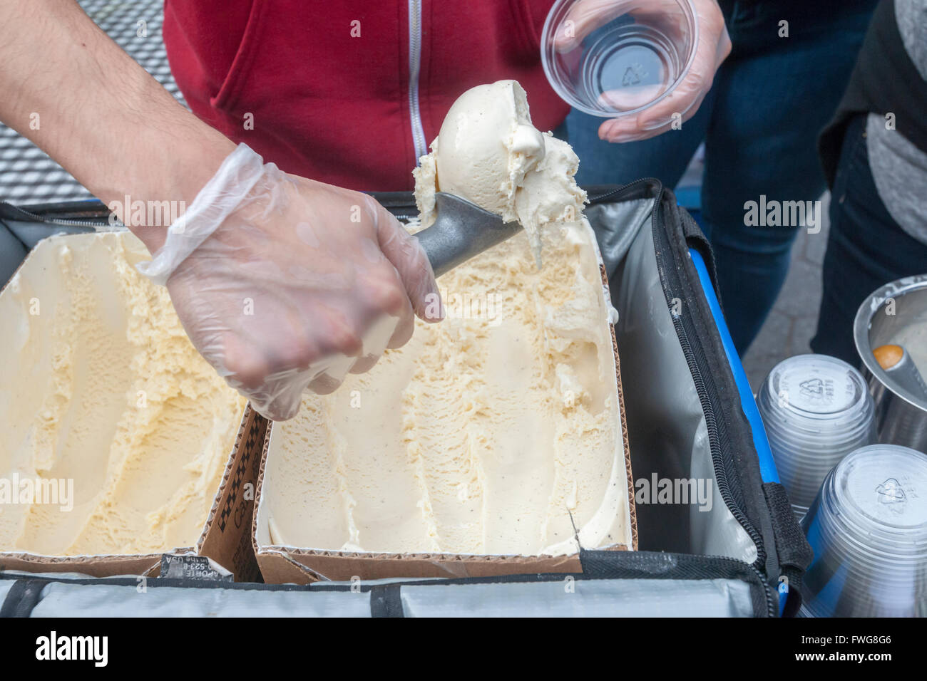 Un lavoratore palline di gelato alla vaniglia in una tazza in corrispondenza di un evento a New York il giovedì 31 marzo, 2016. A causa della debolezza del baccello di vaniglia raccolti in Madagascar i prezzi di gelato alla vaniglia e qualsiasi altro prodotto utilizzando le spice sono attesi in aumento quest'estate. (© Richard B. Levine) Foto Stock