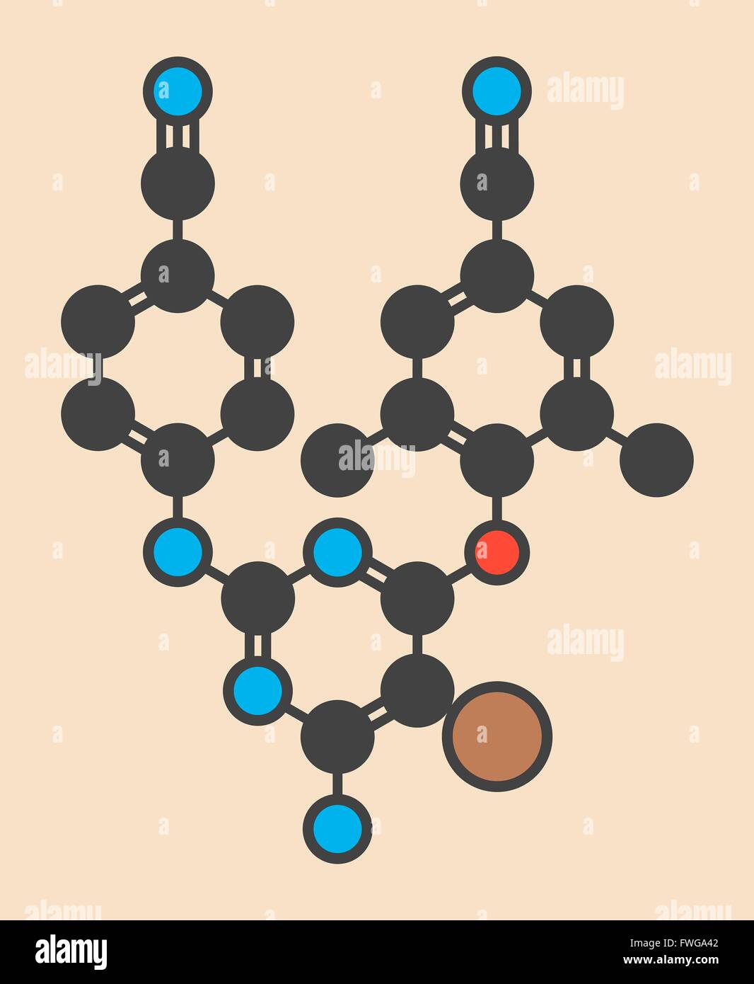 Etravirine HIV molecola di farmaco (non-nucleosidici inibitori della trascrittasi inversa) stilizzata di scheletro di formula (struttura chimica) Foto Stock