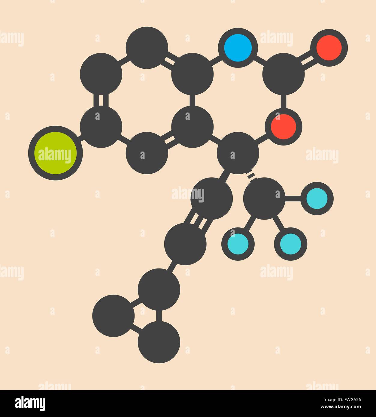 Efavirenz HIV molecola di farmaco stilizzata di scheletro di formula (struttura chimica) atomi sono mostrati come codificati per colore cerchi: idrogeno Foto Stock