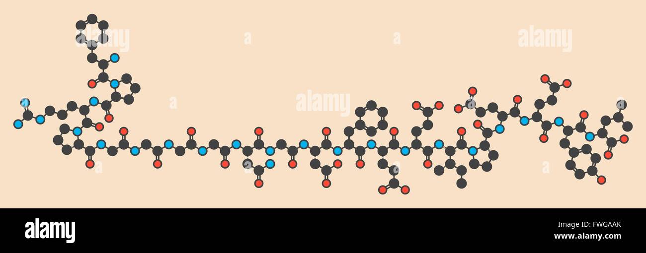 Bivalirudina farmaco anticoagulante molecola (diretto inibitore della trombina) stilizzata di scheletro di formula (struttura chimica) atomi sono Foto Stock