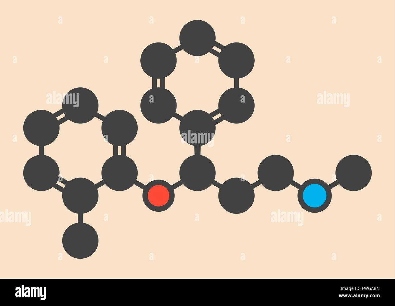 Atomoxetine attenzione ed iperattività (ADHD) molecola di farmaco stilizzata di scheletro di formula (struttura chimica) atomi Foto Stock