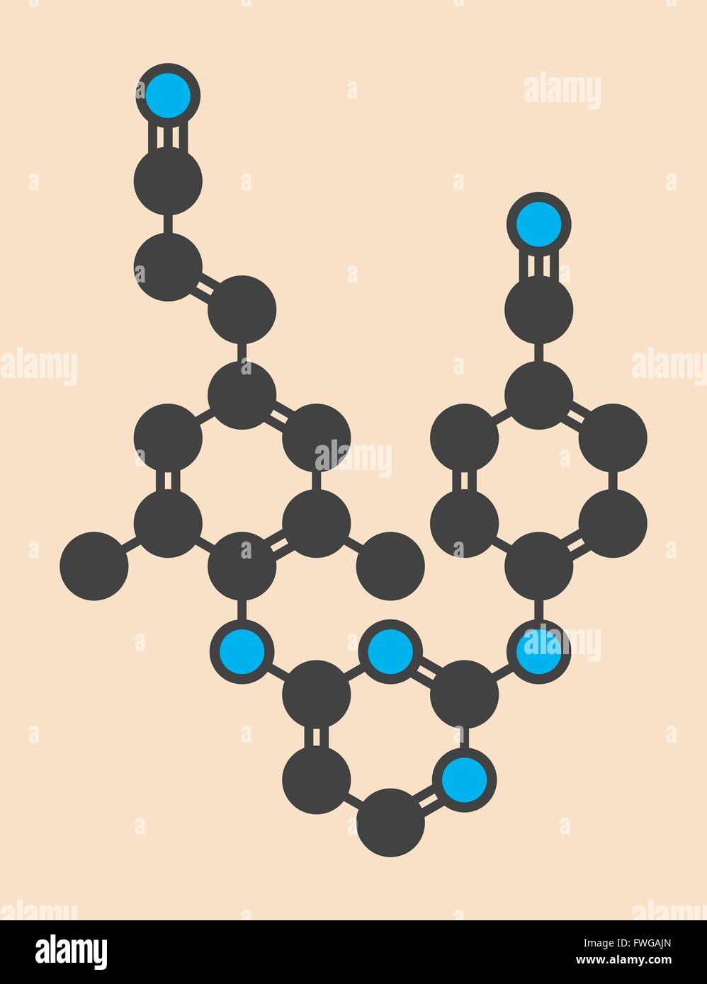 HIV Rilpivirine molecola di farmaco stilizzata di scheletro di formula (struttura chimica) atomi sono mostrati come codificati per colore cerchi: idrogeno Foto Stock