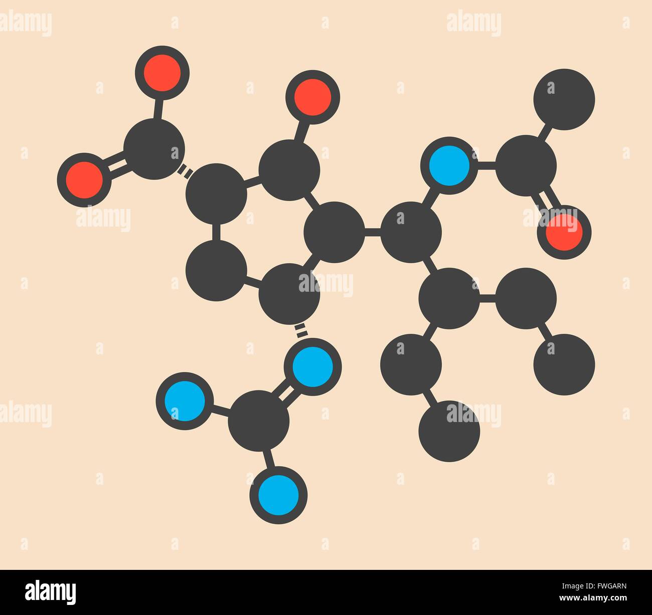 Peramivir aviaria molecola di farmaco (inibitore della neuraminidasi) stilizzata di scheletro di formula (struttura chimica) atomi sono mostrati come Foto Stock