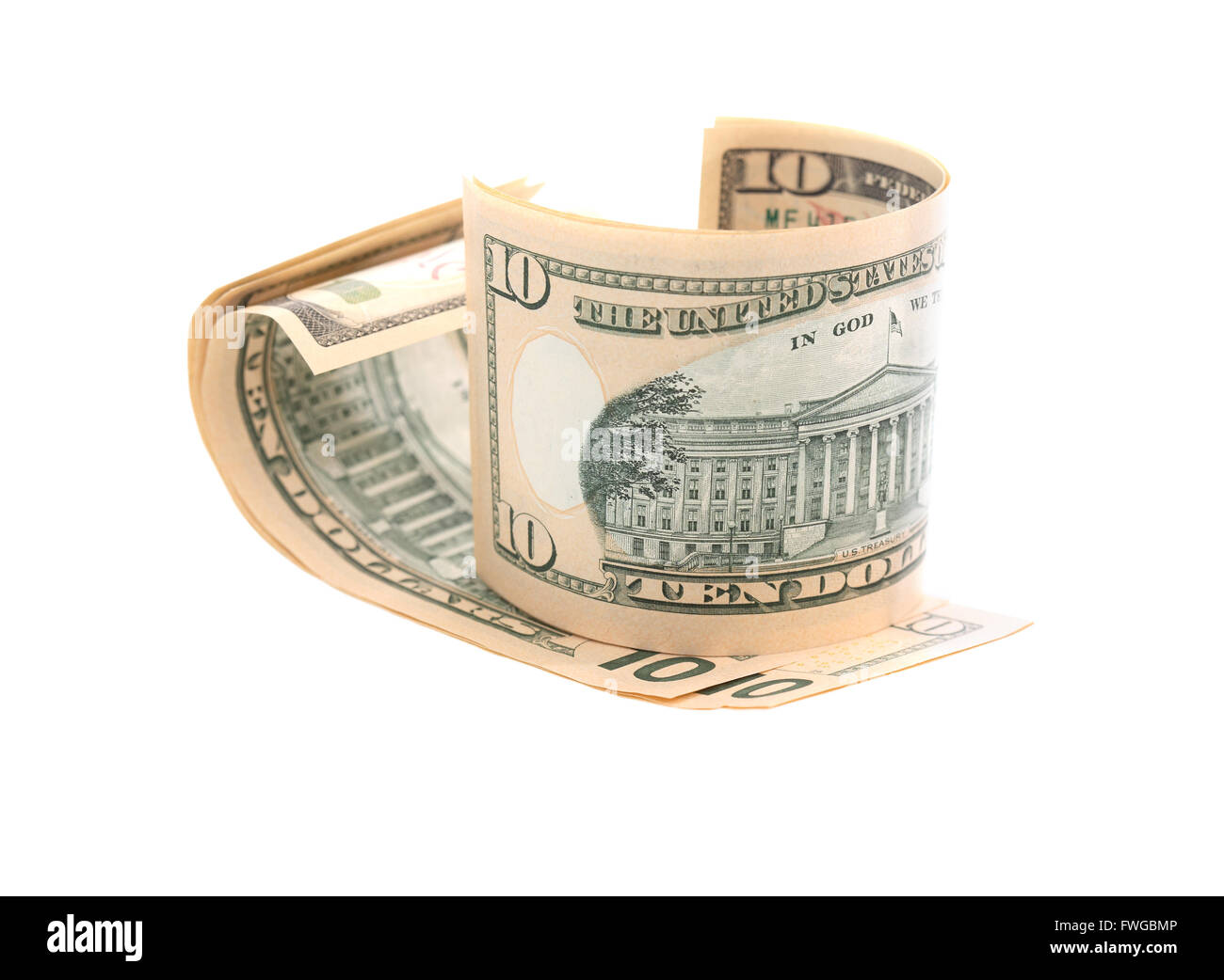 Stati Uniti d'America dieci dollari in banconote su sfondo bianco Foto Stock