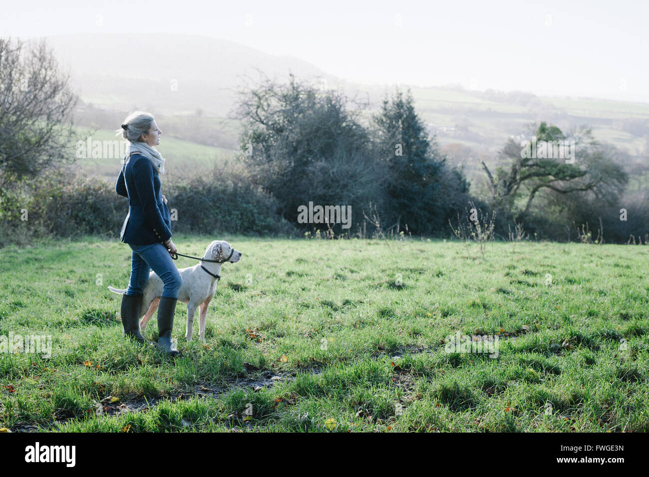 Una donna che cammina con un cane su un terreno elevato che si affaccia sulla campagna. Foto Stock