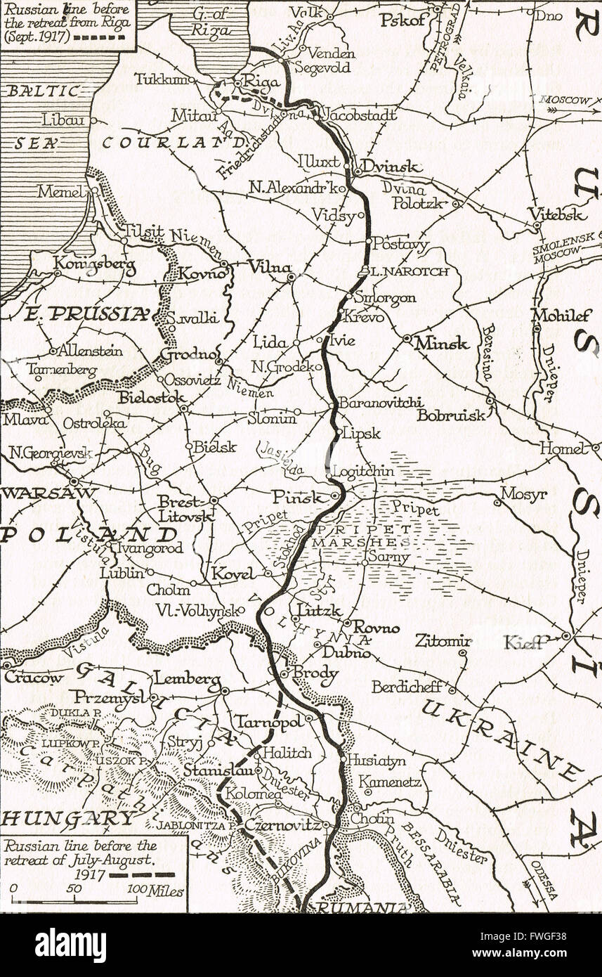 WW I Mappa del ritiro russo da riga di Settembre 1917 Foto Stock