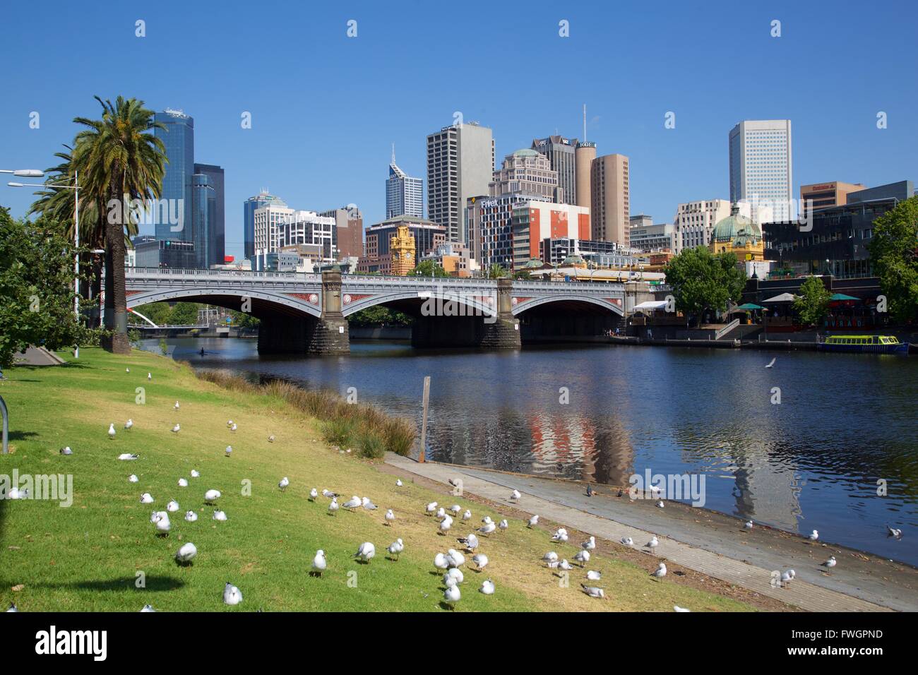 Skyline della città e sul Fiume Yarra, Melbourne, Victoria, Australia Pacific Foto Stock