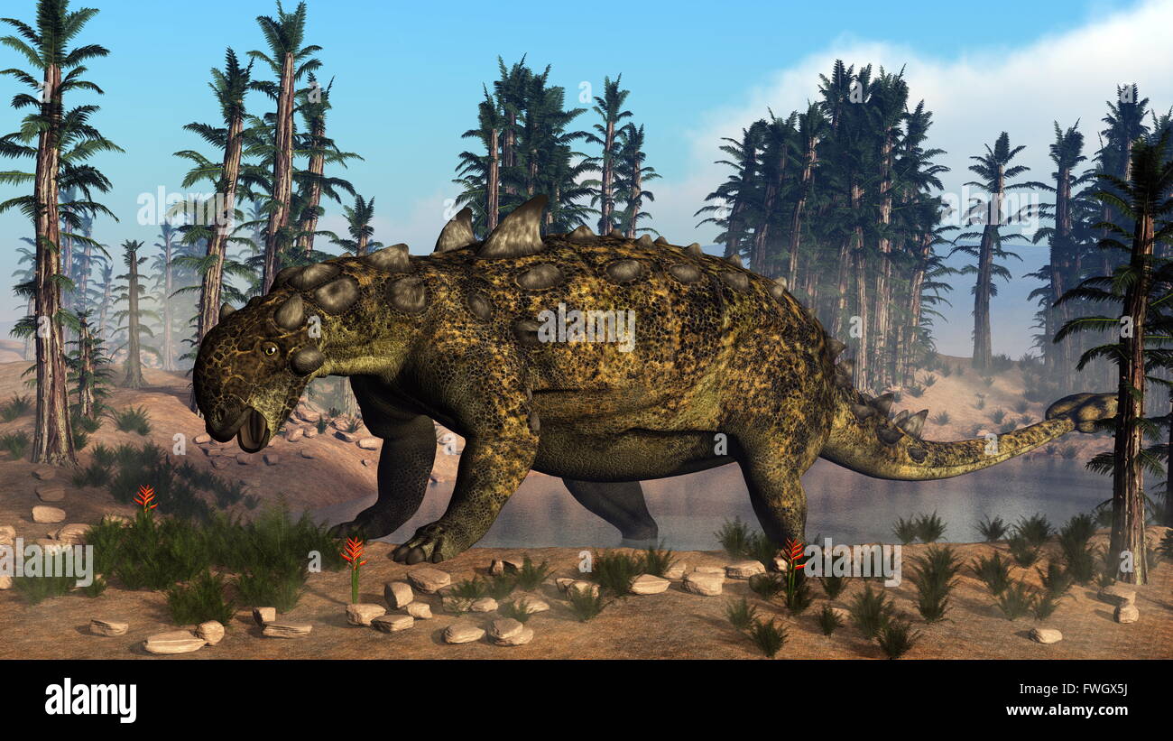 Euoplocephalus dinosauro a piedi verso la vegetazione di piccole dimensioni a mangiare da giorno - 3D render Foto Stock