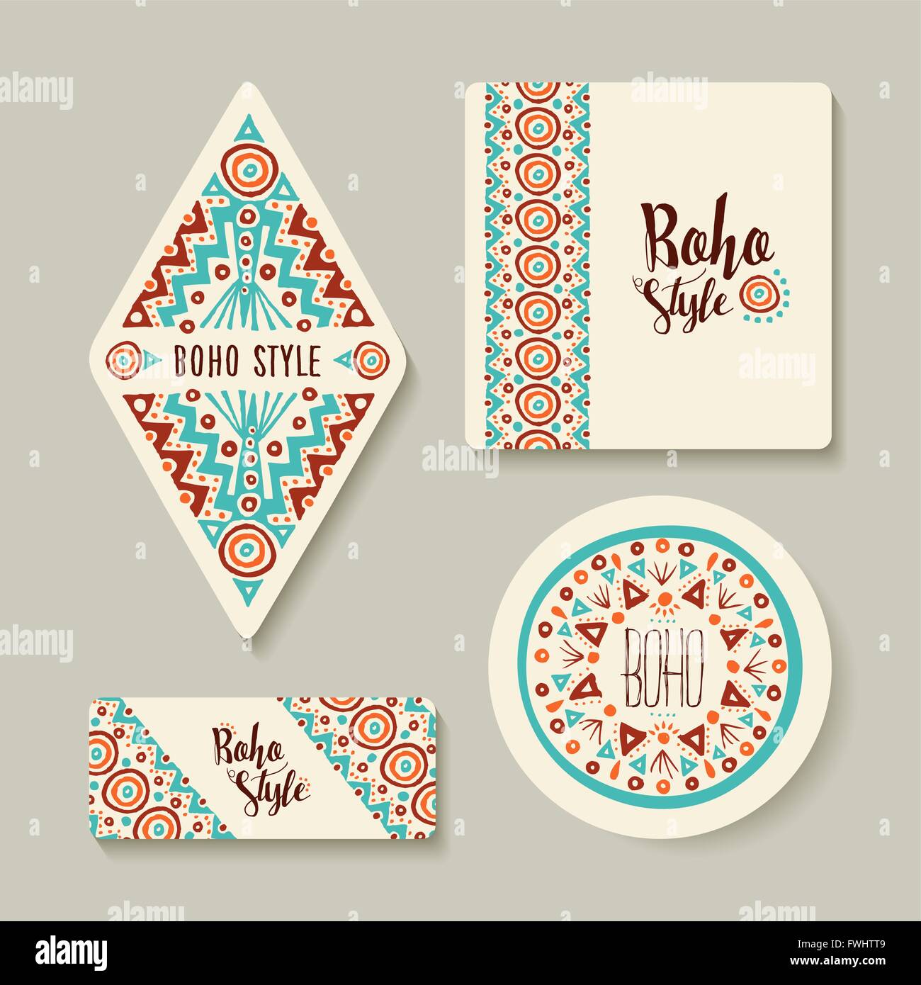 Stile Boho etichette stampabili con tribale disegni fatti a mano. Diversi modelli di etichetta per il negozio o decorazione. EPS10 vettore. Illustrazione Vettoriale