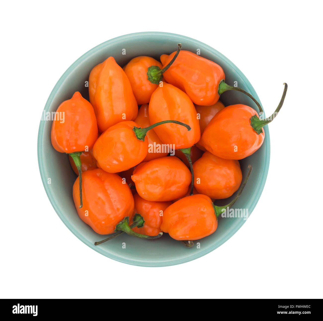 Vista dall'alto di una ciotola di orange habanero peppers isolato su uno sfondo bianco. Foto Stock