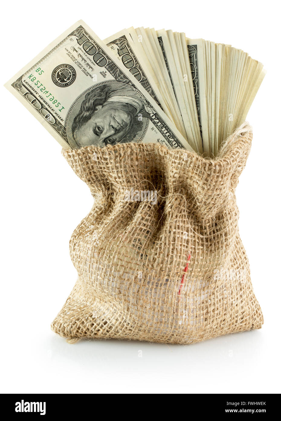 Il denaro di dollari nella sacca isolata su uno sfondo bianco. Foto Stock