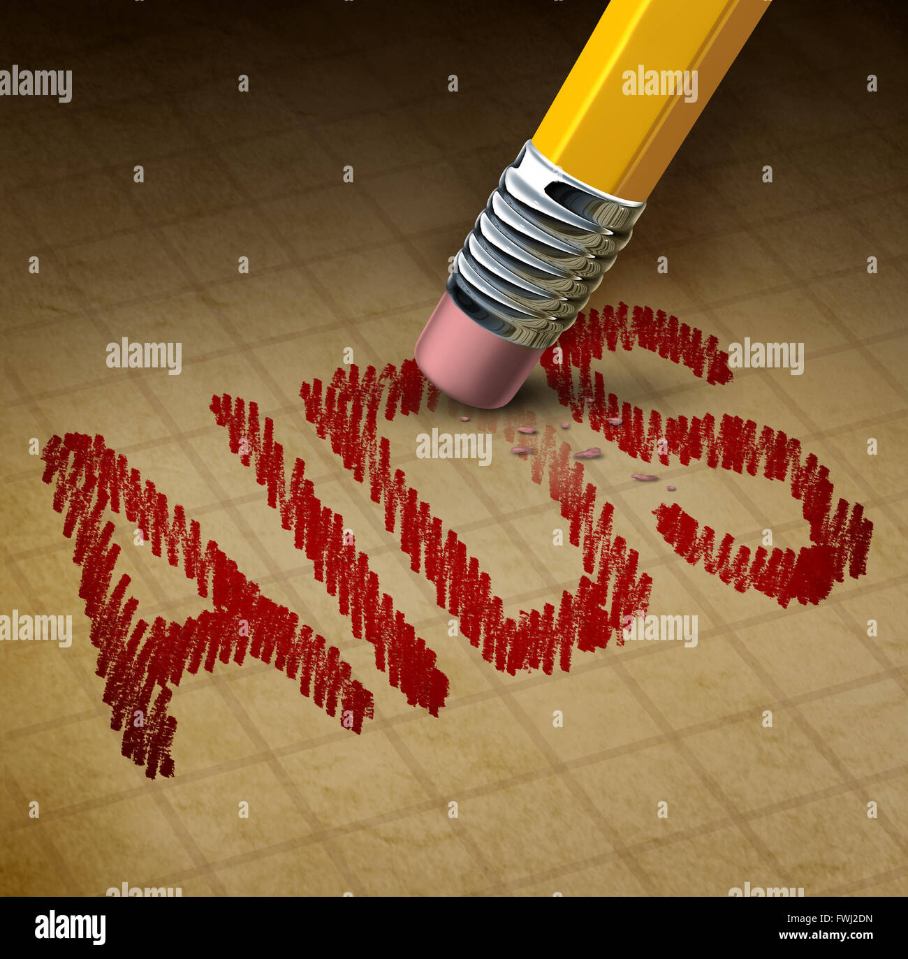 La lotta contro l'Aids e Hiv o il virus di immunodeficienza umana nozione come un 3D illustrazione di una gomma da matita cancellazione di testo come healthcare Foto Stock