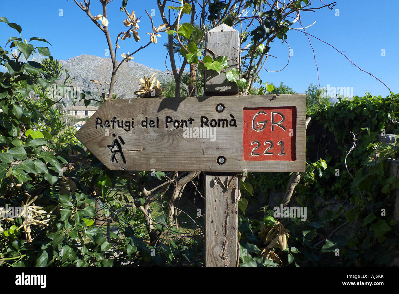 Gran Recorrido (GR) 221 a lunga distanza percorso a piedi nord start/end point a Pont Roma, Pollensa/Pollenca, Mallorca,Spagna. Foto Stock