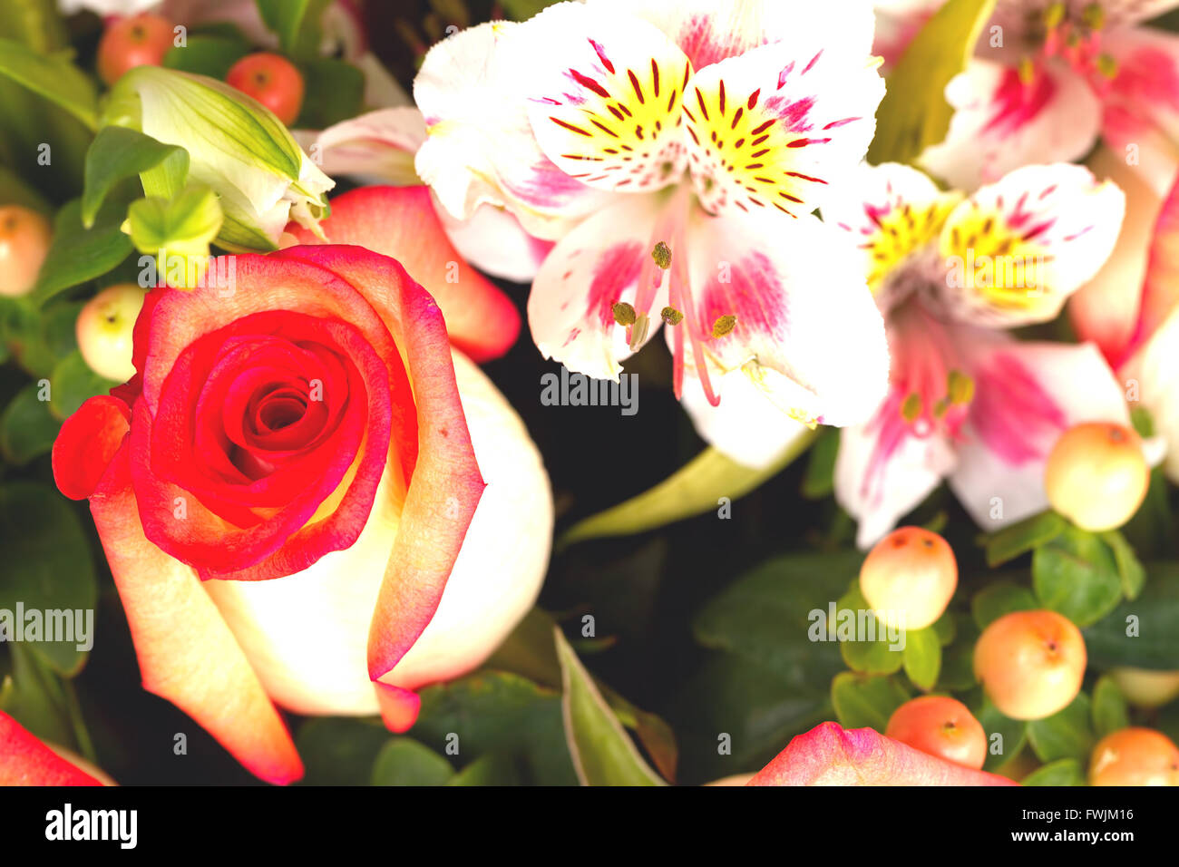 Chiusura del bouquet di rose rosse e gigli Foto Stock