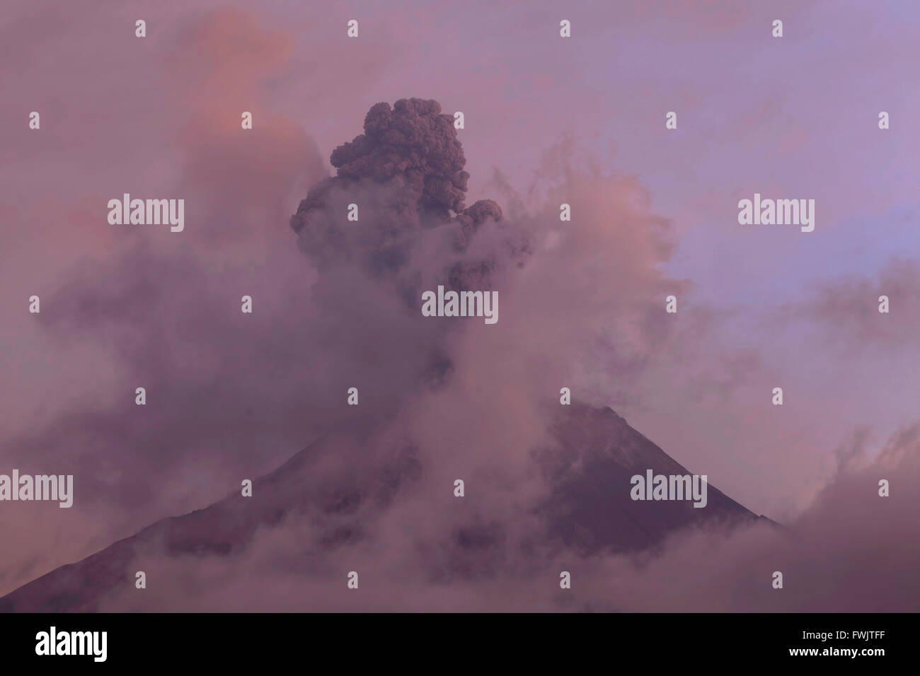 Esplosione del vulcano Tungurahua al tramonto, Ecuador, Sud America Foto Stock