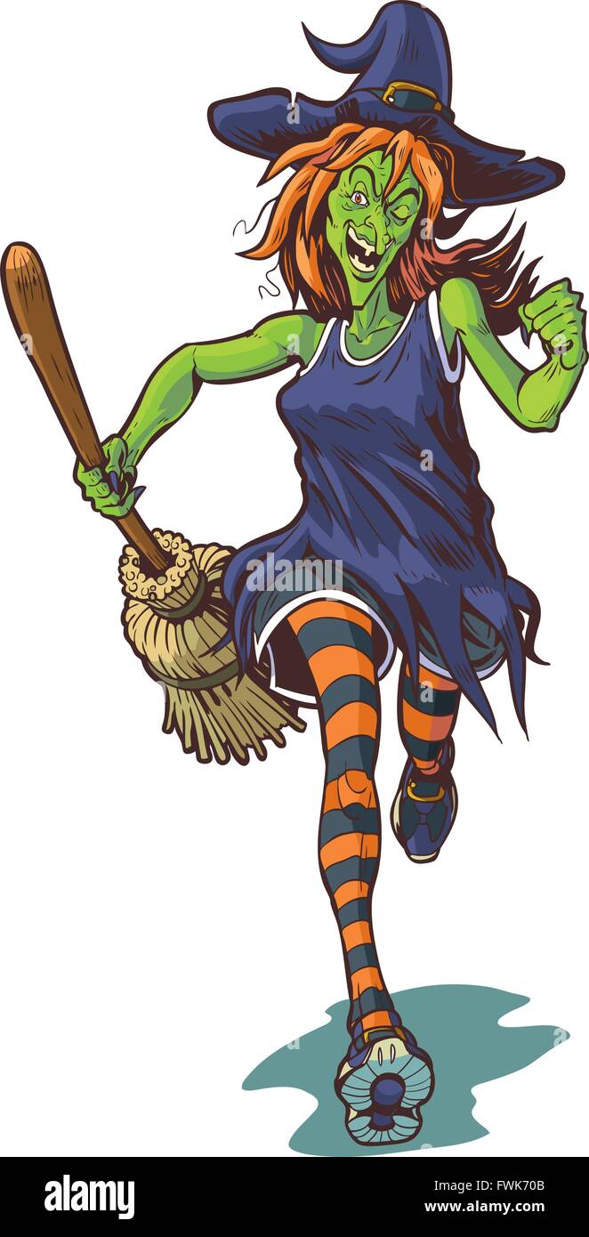 Vector cartoon clip art illustrazione di un brutto o scary witch mascotte in esecuzione o jogging con una scopa. Illustrazione Vettoriale
