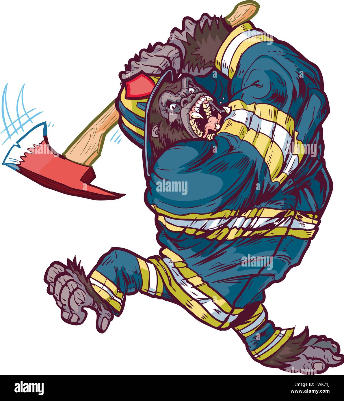 Vector cartoon clip art illustrazione di un duro arrabbiato mascotte gorilla che indossa un vigile del fuoco uniforme e oscillazione un fuoco ax. Illustrazione Vettoriale