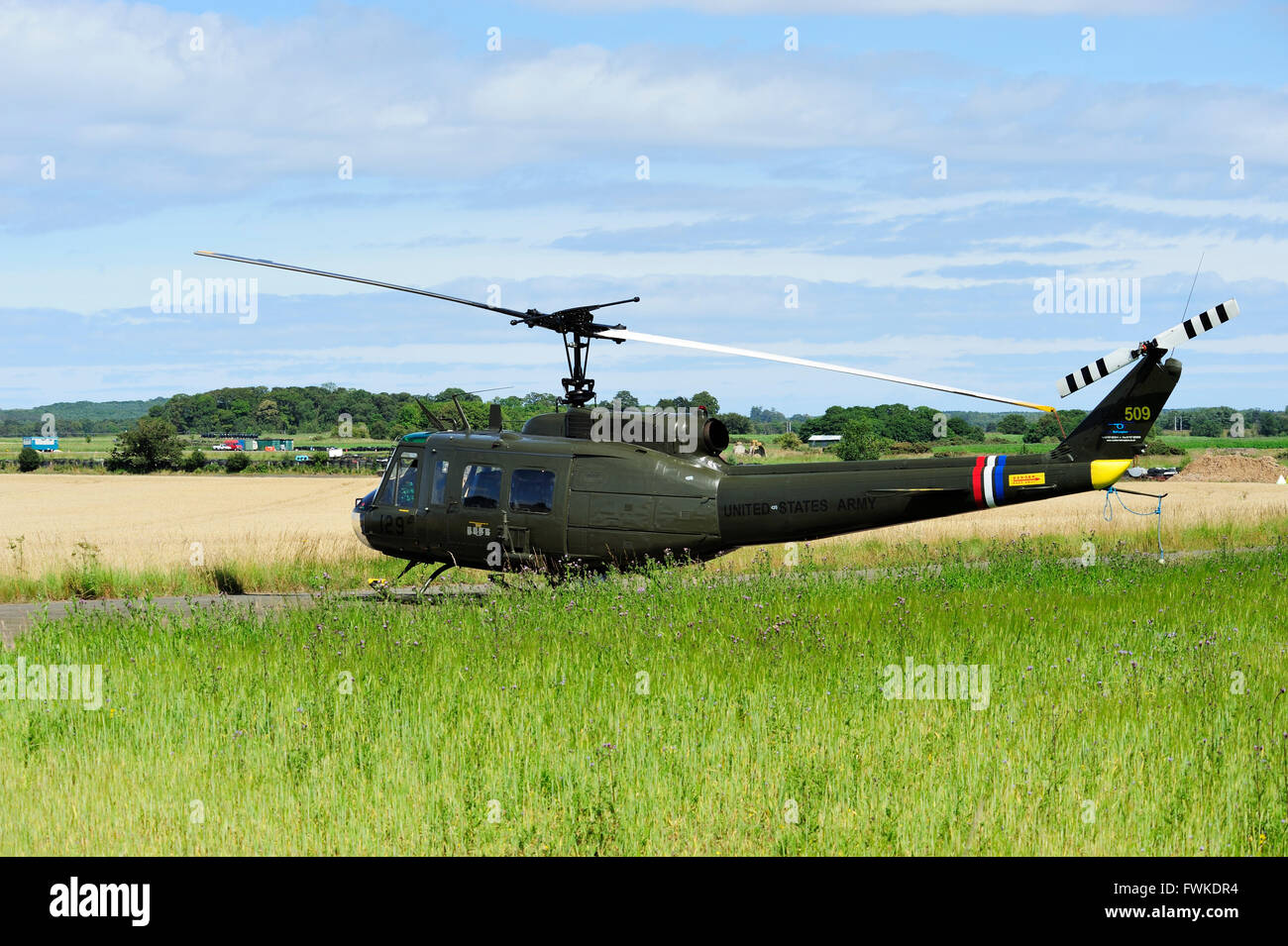 Bell UH-1 Iroquois (soprannominato "Huey' durante la Guerra del Vietnam) sul terreno ad est Airshow di Fortune 2011 Foto Stock
