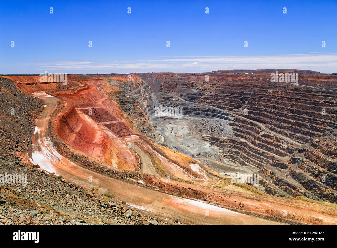 Parte superiore a quella inferiore del più grande australian gold mine - super pit in Kalgorlie, Western Australia, su una soleggiata giornata estiva. Foto Stock