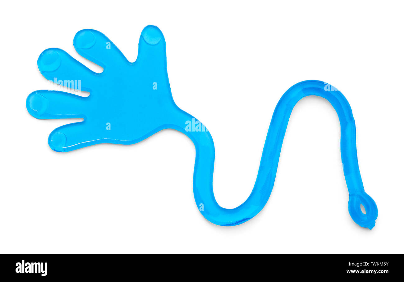 Blue Sticky Slappy mano giocattolo isolati su sfondo bianco. Foto Stock