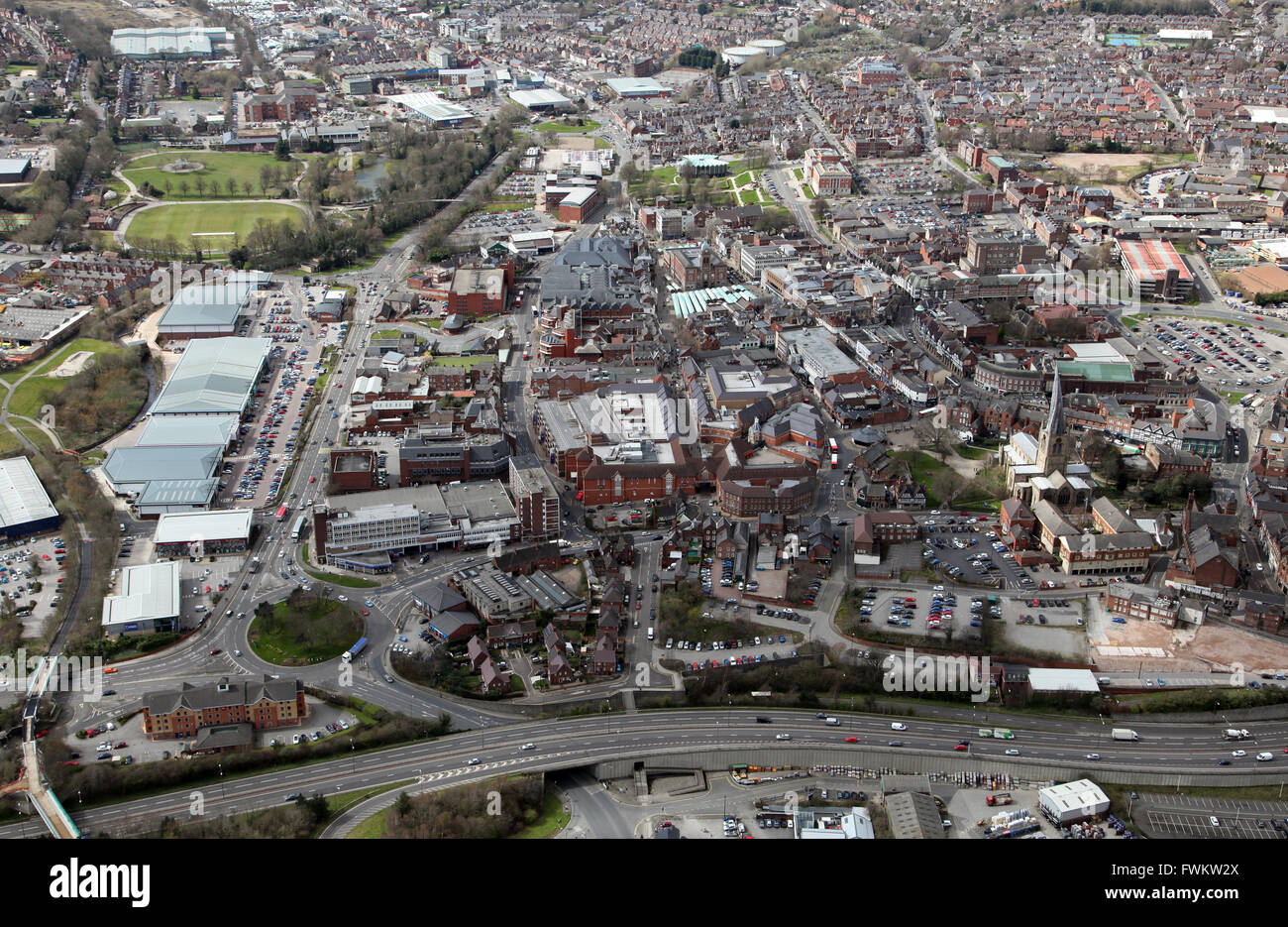Vista aerea del Chesterfield Town Center, Derbyshire, Regno Unito Foto Stock