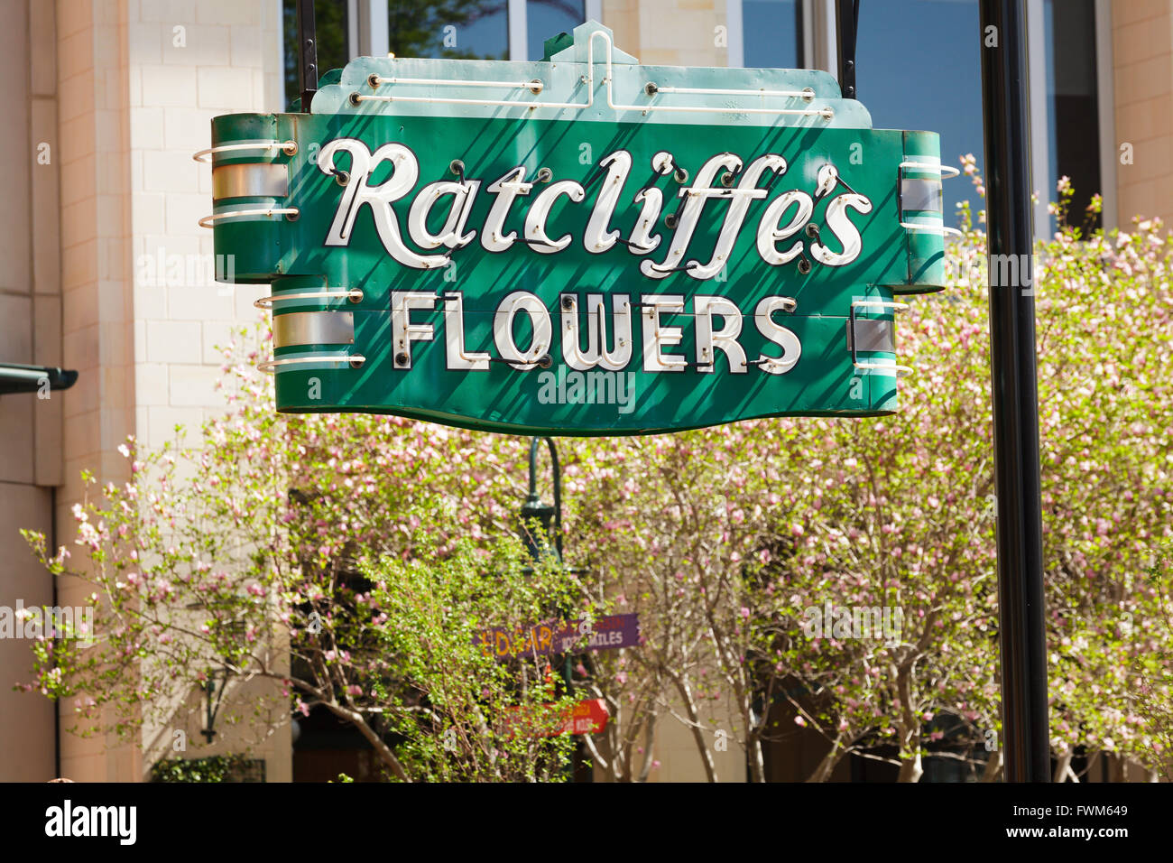 Ratcliffe fiori del segno, conservate su Tryon Street, Charlotte, North Carolina, STATI UNITI D'AMERICA Foto Stock