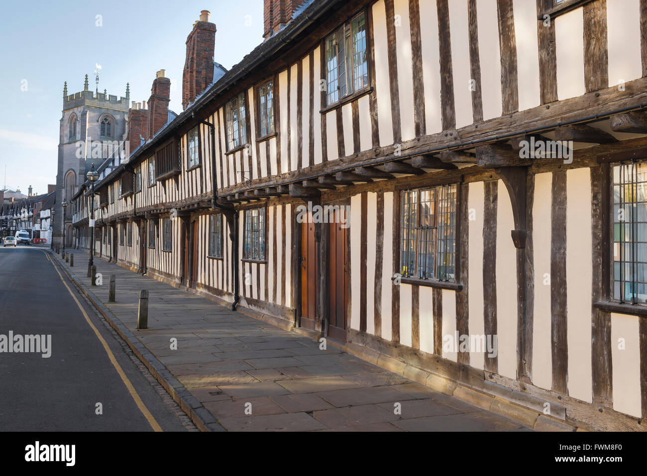 Church Street Stratford Upon Avon, vista delle tipiche case medievali a graticcio in Church Street, Stratford Upon Avon, Inghilterra, Regno Unito Foto Stock