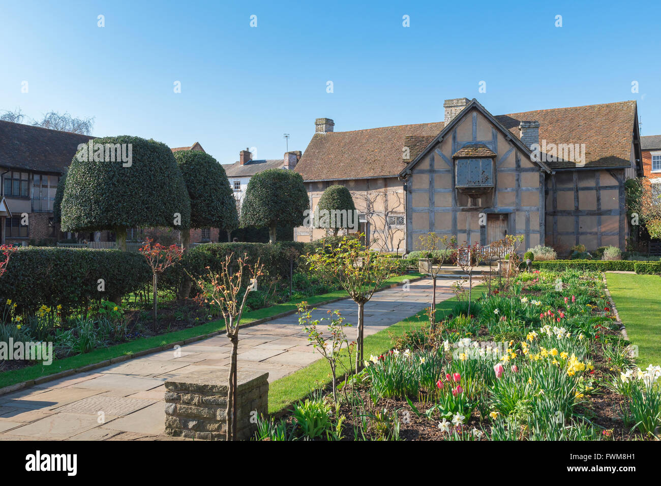 Vista sul giardino e sul retro della casa medievale a graticcio in cui nacque Shakespeare (1564) in Henley Street, Stratford Upon Avon, Inghilterra Foto Stock