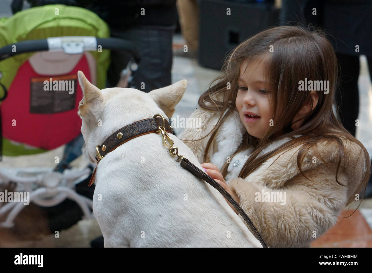 Una bambina come accarezzare un cane in Battery Park City, la città di New York. Foto Stock