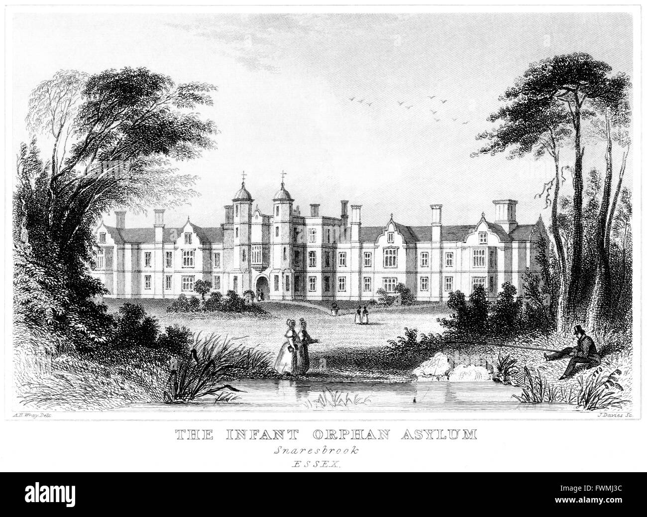 Incisione del bambino orfano asilo, Snaresbrook, Essex (ora Snaresbrook Crown Court) digitalizzato da un libro stampato intorno al 1845. Foto Stock