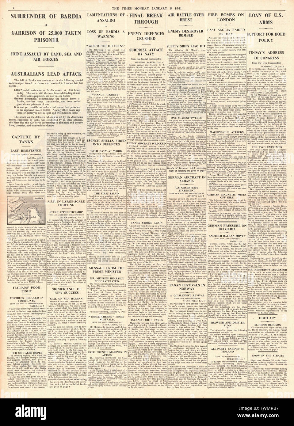 1941 Pagina 4 tempi consegna di Bardia alle forze alleate Foto Stock