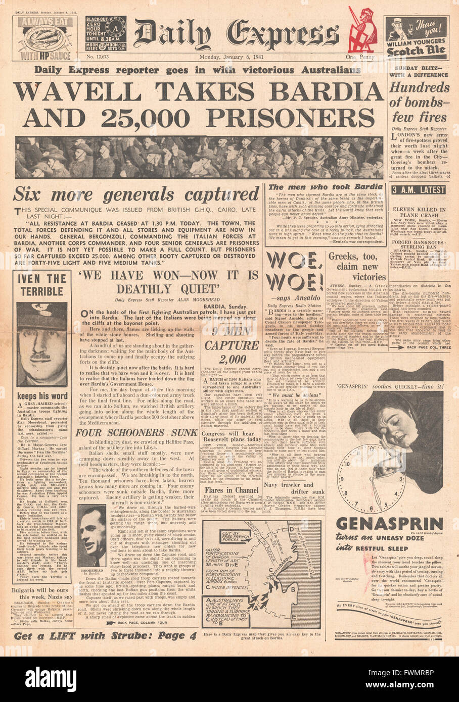 1941 front page Daily Express rinuncia di Bardia alle forze alleate Foto Stock