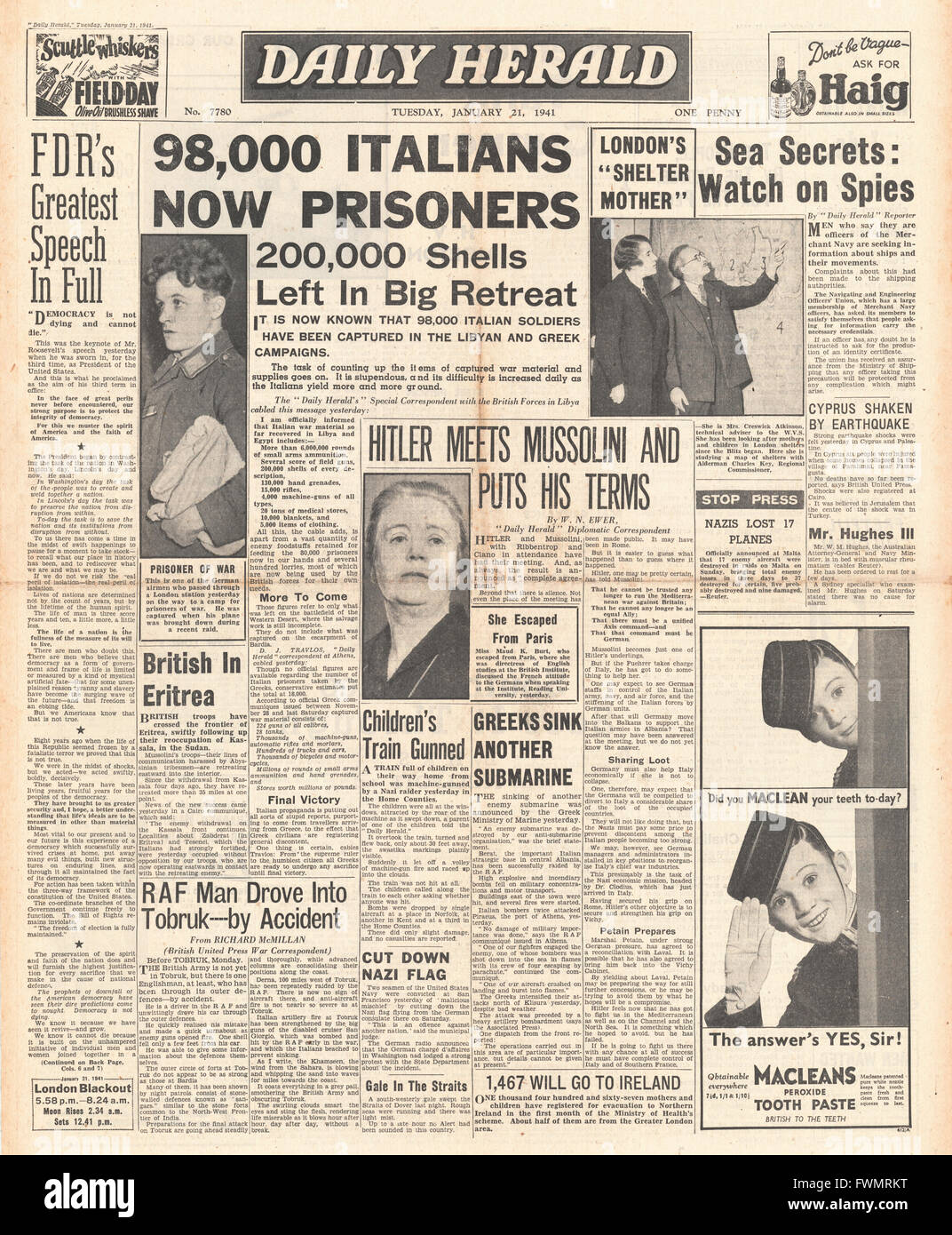 1941 front page Daily Herald 98.000 prigionieri di guerra italiani presi in Libia e campagne di Greco Foto Stock