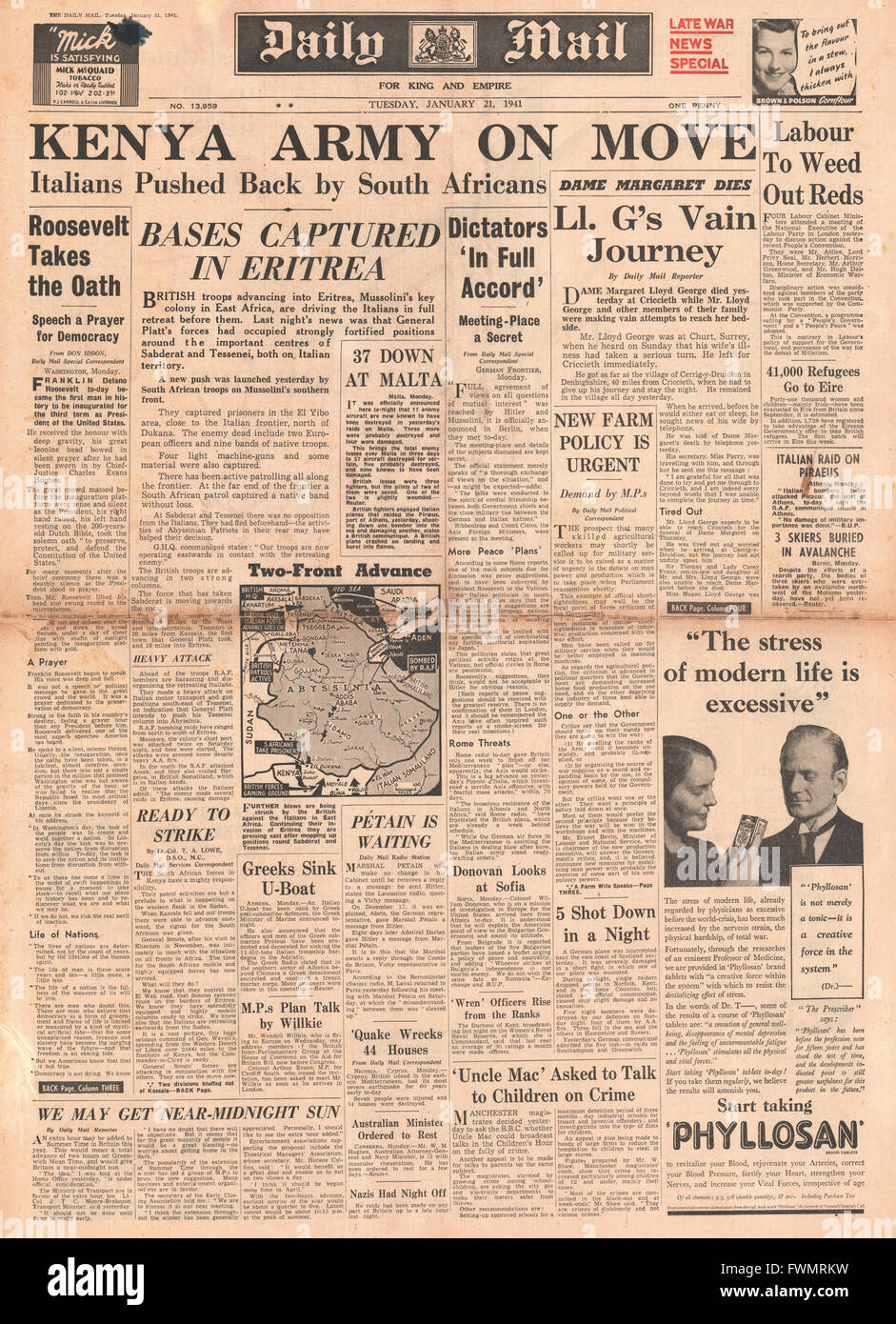 1941 pagina anteriore posta Daliy forze britanniche anticipo in Abissinia Foto Stock