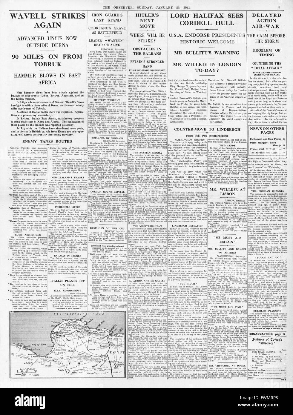 1941 Pagina 7 l'osservatore British 100 miglia al di là di Tobruk e signore Halifax in tour in America Foto Stock