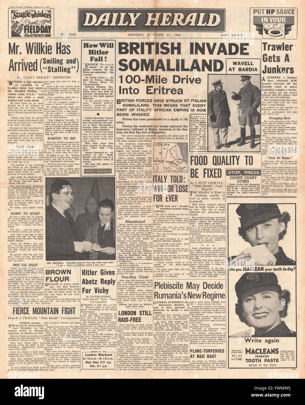 1941 pagina anteriore 1941 Daily Herald le forze inglesi attaccano Somalia italiana Foto Stock