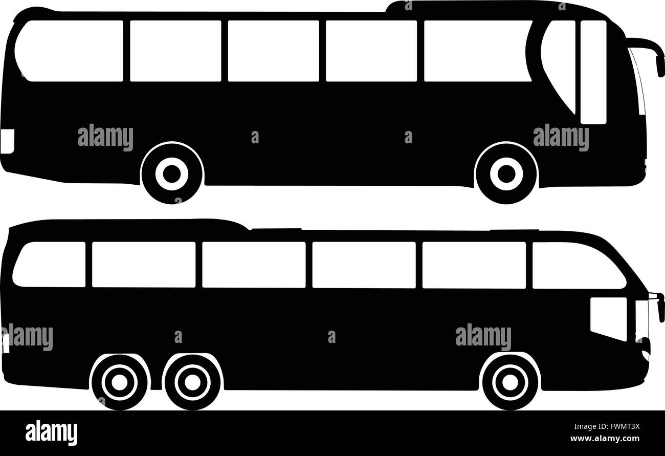Silhouette a due bus su uno sfondo bianco. Illustrazione Vettoriale. Illustrazione Vettoriale