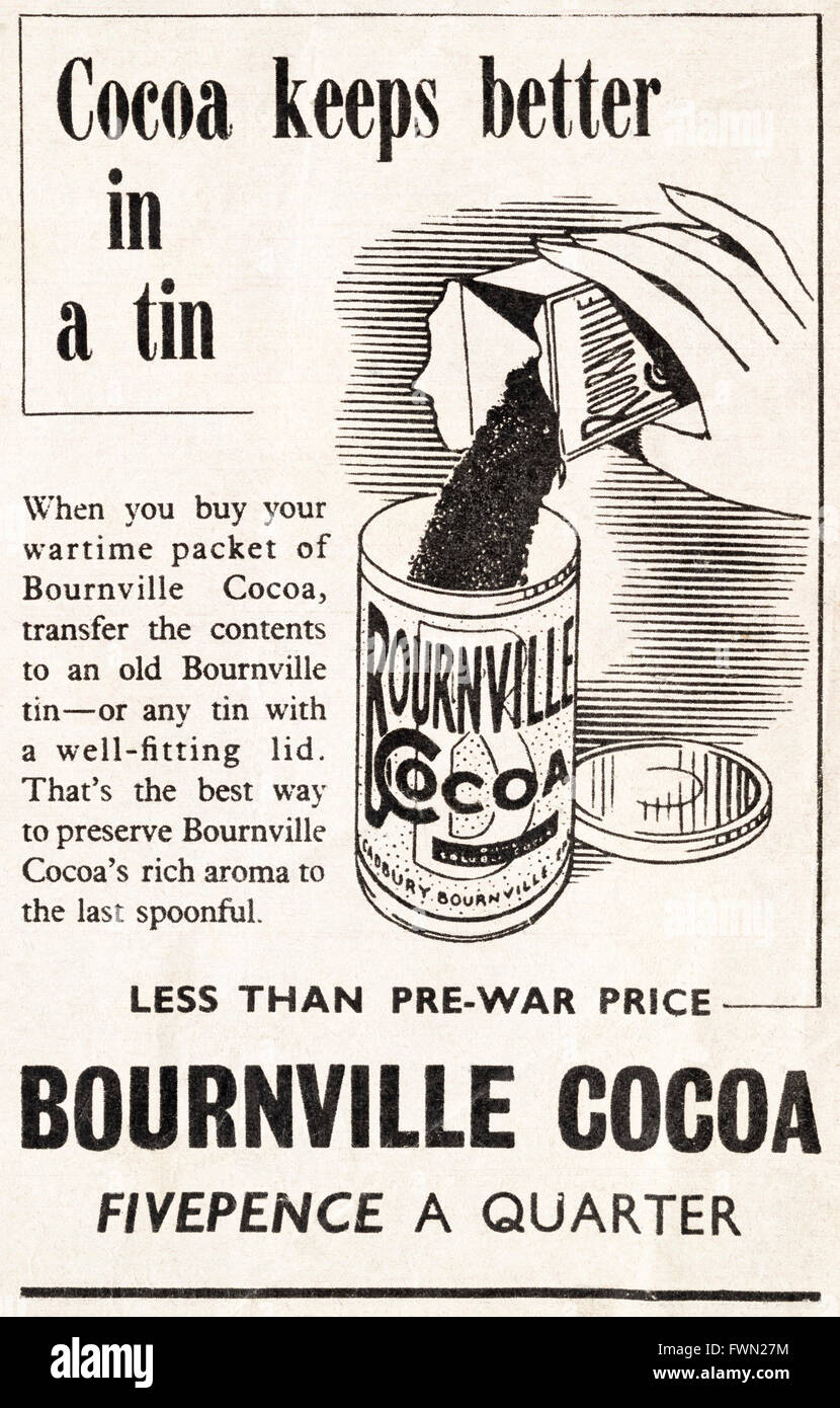 Vintage originale annuncio da 1940s. Il tempo di guerra annuncio datato 1943 pubblicità BOURNVILLE CACAO. Foto Stock