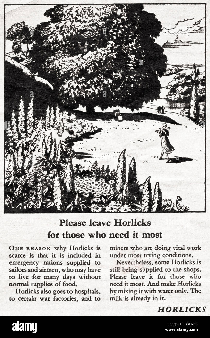 Vintage originale annuncio da 1940s. Il tempo di guerra annuncio datato 1943 pubblicità HORLICKS in approvvigionamento corto durante il WW2 Foto Stock