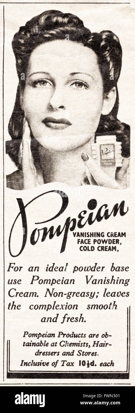 Vintage originale annuncio da 1940s. Il tempo di guerra annuncio datato 1943 Pubblicità Cosmetici POMPEIANI Foto Stock