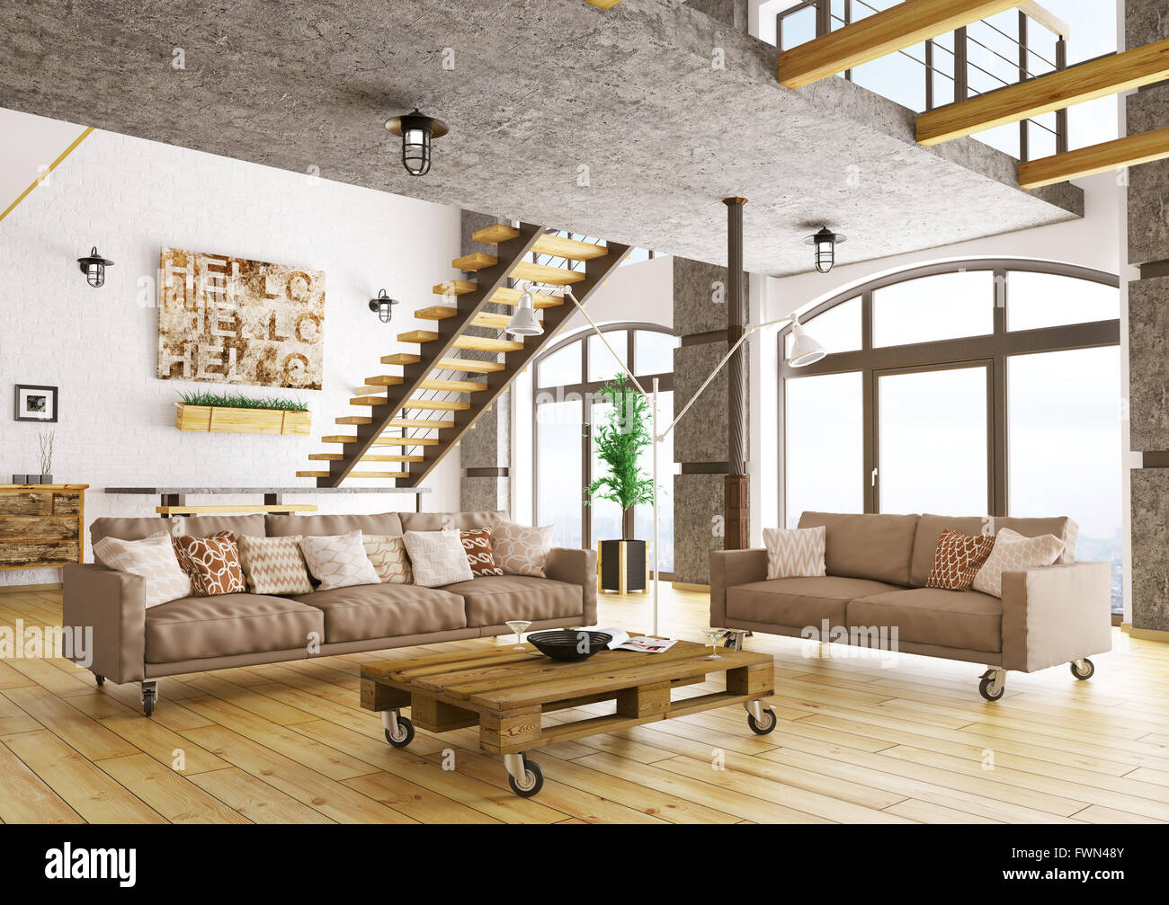 Interno del soggiorno moderno con scala interna, due divani, pallet tabella  3D rendering Foto stock - Alamy