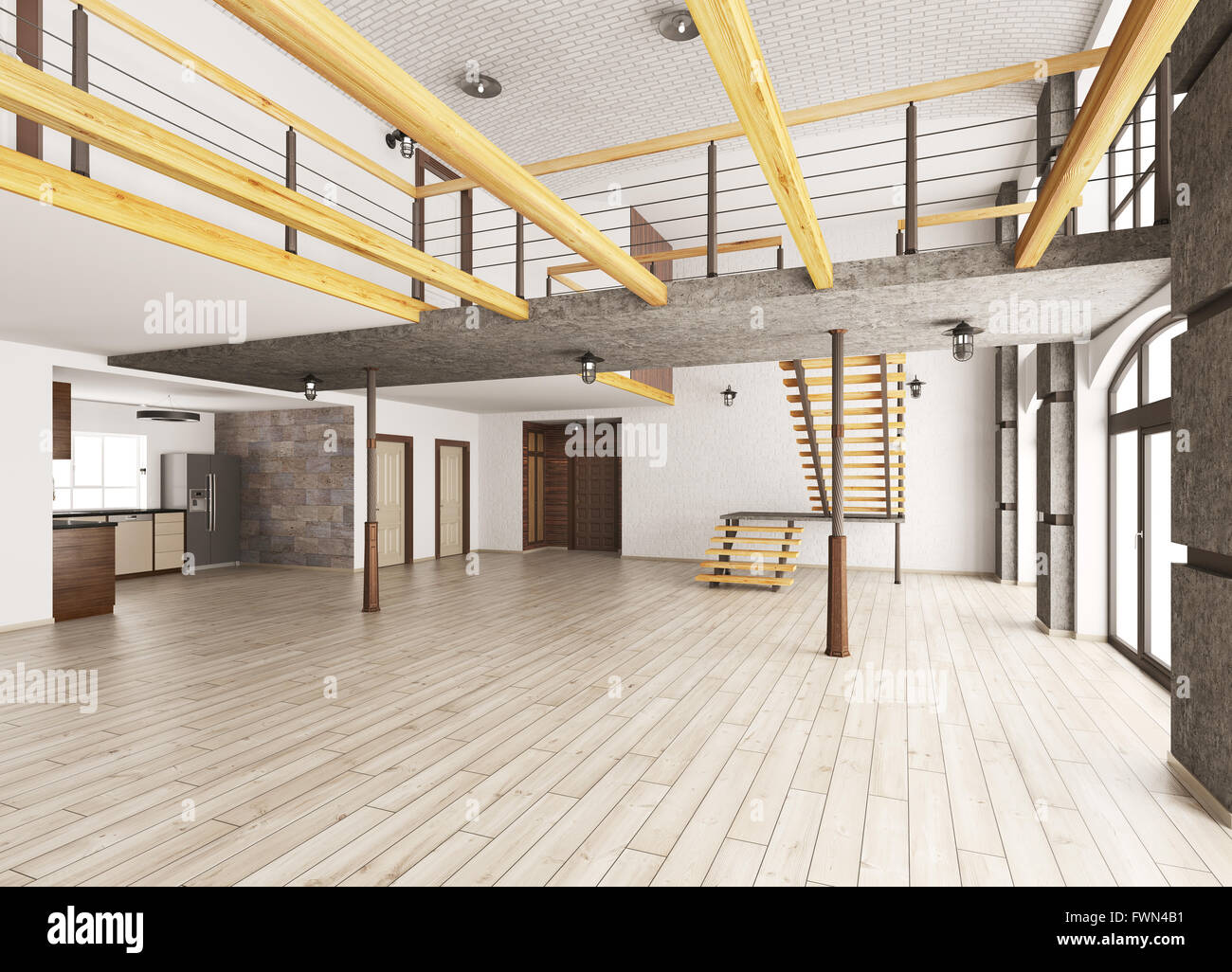 Vuoto Interno dell appartamento loft soggiorno cucina sala scala il rendering 3D Foto Stock