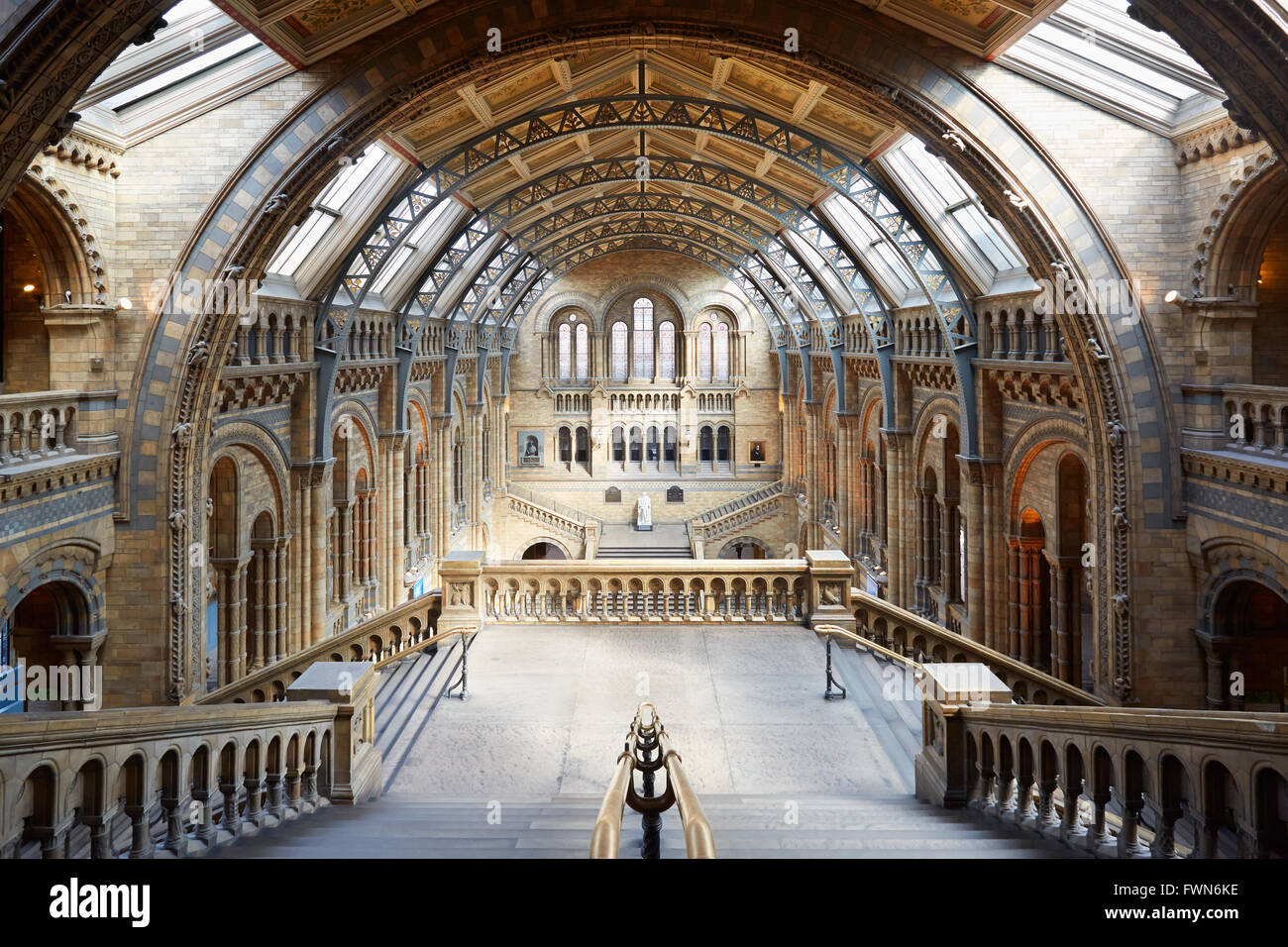 Museo di Storia Naturale interno, scala con vista arcade, nessuno in Londra Foto Stock