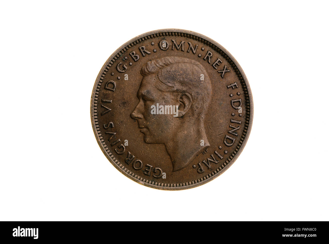 Uno vecchio pezzo di penny, pre decimale monete del Regno Unito. Foto Stock