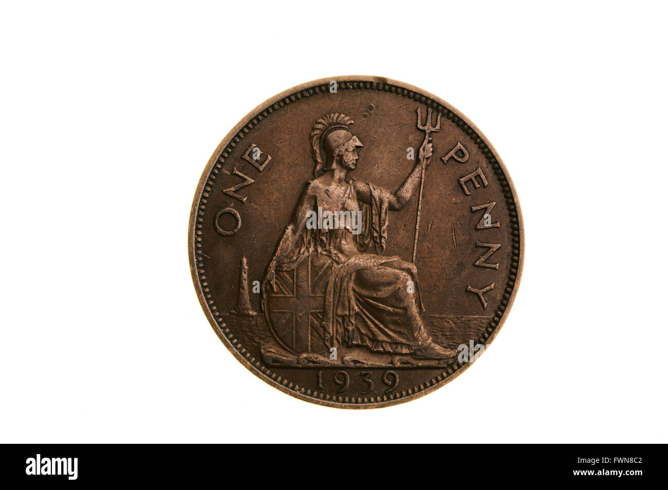 Uno vecchio pezzo di penny, pre decimale monete del Regno Unito. Foto Stock