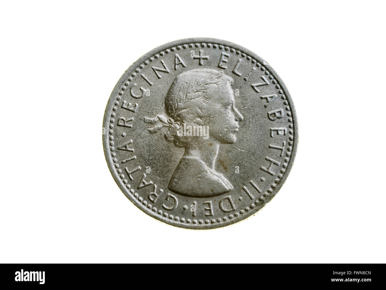 Vecchio sixpence pezzo, pre decimale monete del Regno Unito. Foto Stock