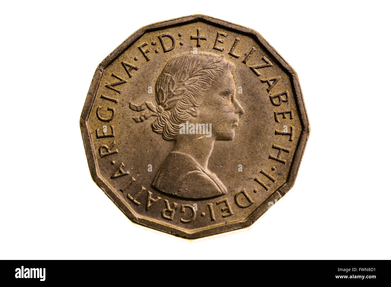 Tre pence pezzo, antico regno unito pre Monetazione decimale. Foto Stock