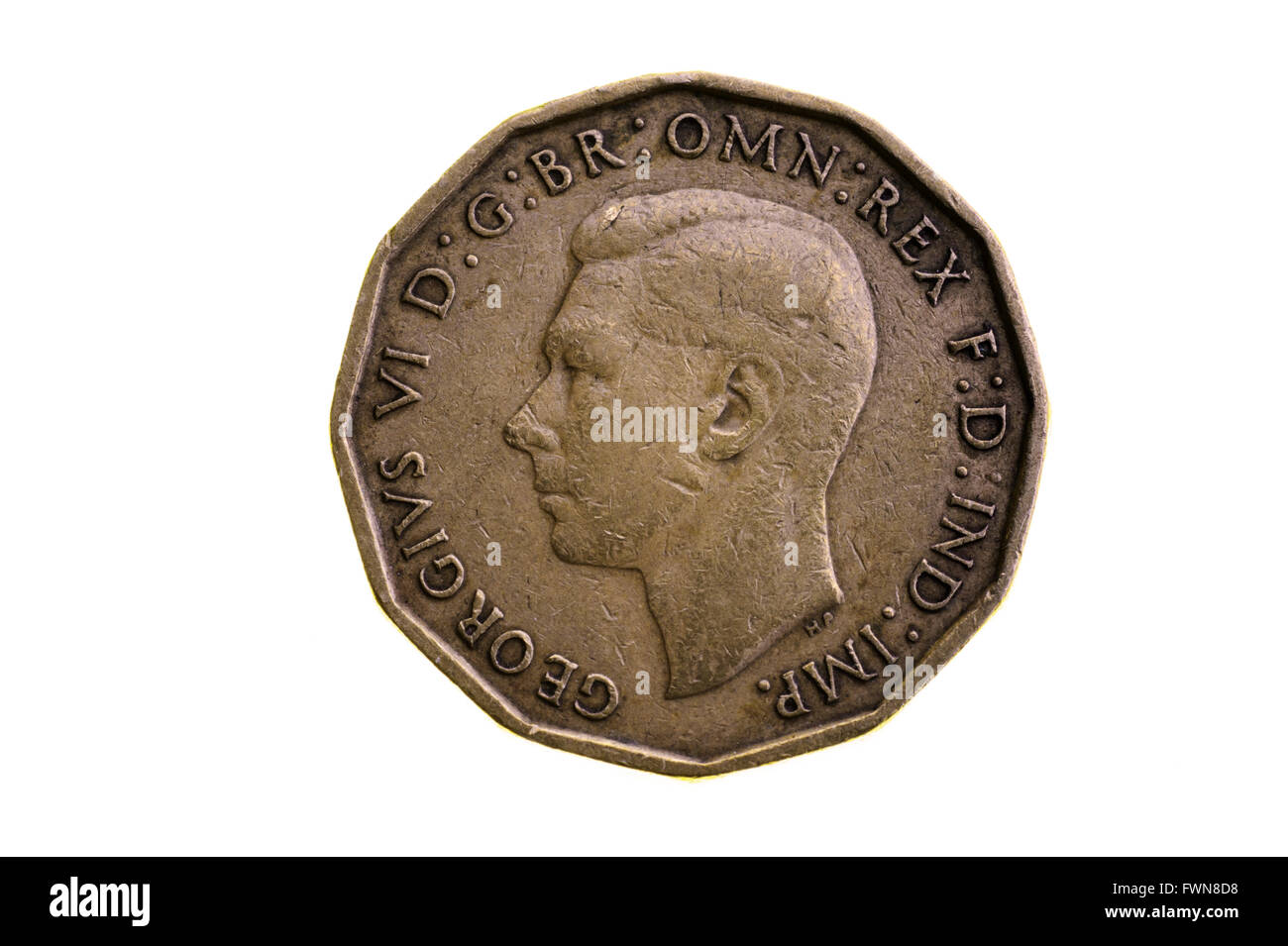 Tre pence pezzo, antico regno unito pre Monetazione decimale. Foto Stock