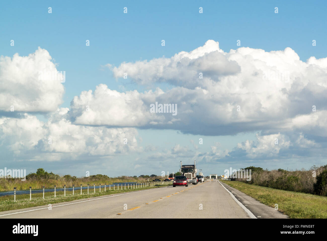 Il traffico su Tamiami per voli Trail, US 41, in Big Cypress National Reserve, Everglades, Florida, Stati Uniti d'America Foto Stock